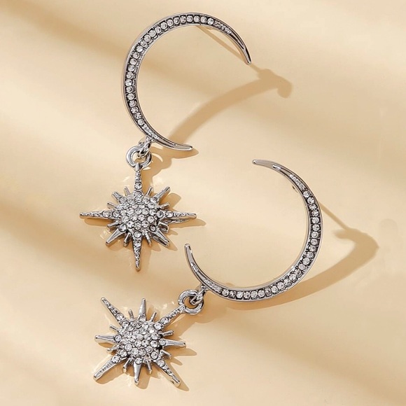 Silver & Crystal Crescent Moon w/Star Earrings - Picture 4 of 7